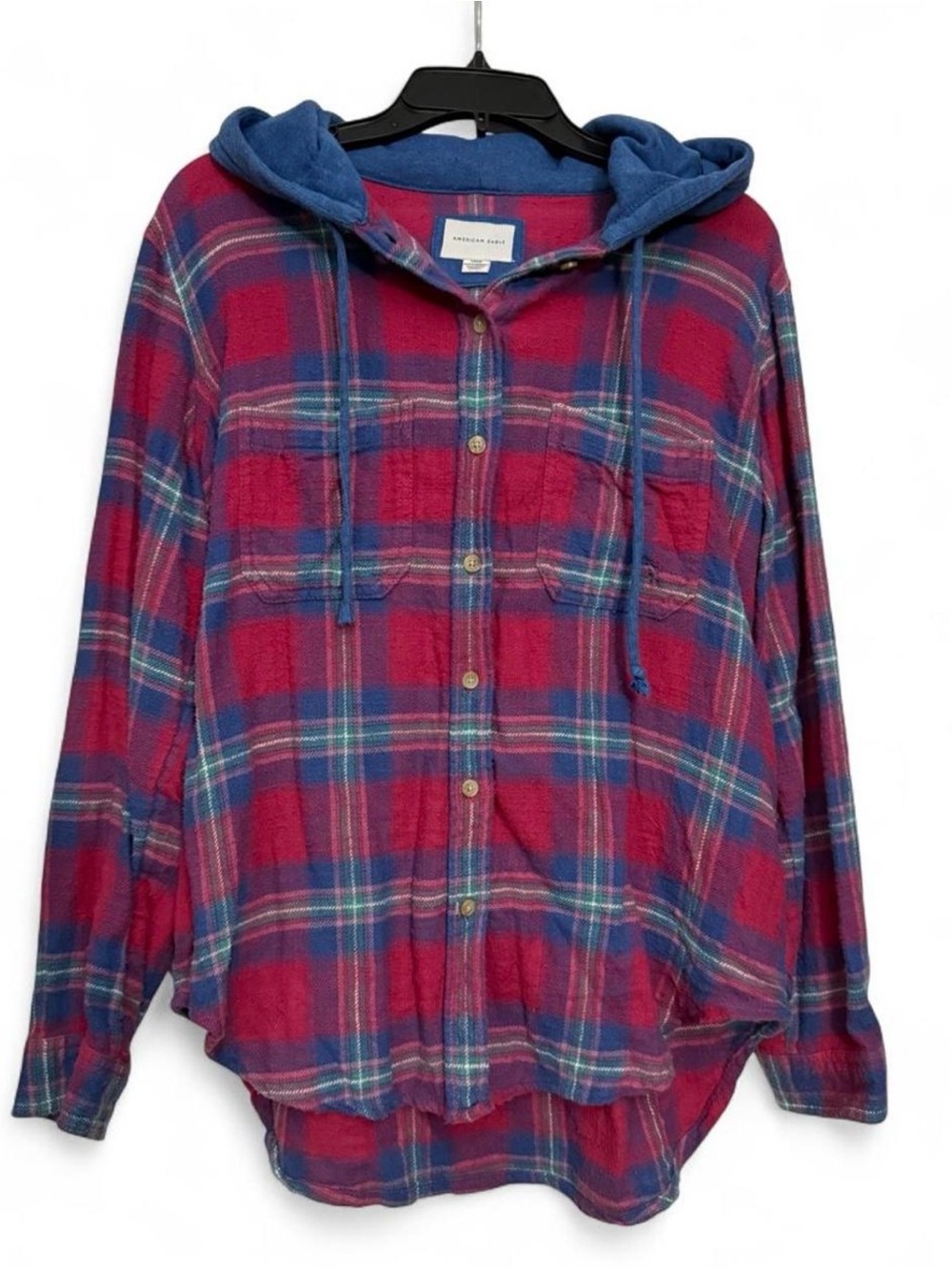 American Eagle Cozy Plaid Hooded Button-Up Flannel